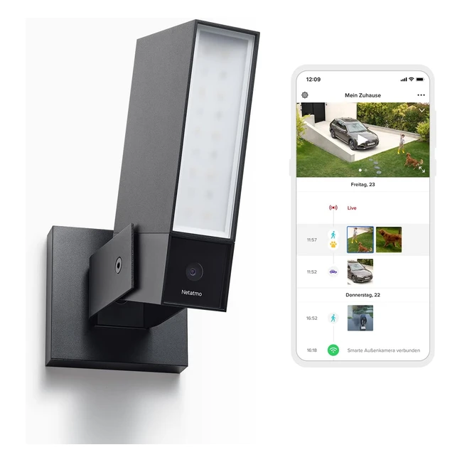 Netatmo Smarte Outdoor Überwachungskamera mit integrierter Beleuchtung, 12 W, Video HD 1080p, 4MP, Bewegungserkennung, Nachtsicht, keine Abonnementgebühr, zusätzliche Micro SD, NOC AMZ