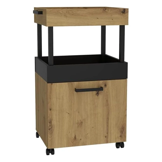 Forte Home Bar Schrank mit Rollen, 1 Tür, Holzverbundwerkstoff, Artisan Oak/Black Matt, 502 x 885 x 41 cm