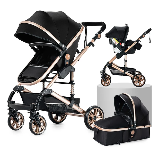 Poussette Canne 3 en 1 Tricycle Baby Walker - Haute Paysage - Pliable - BB Landau - Noir Or