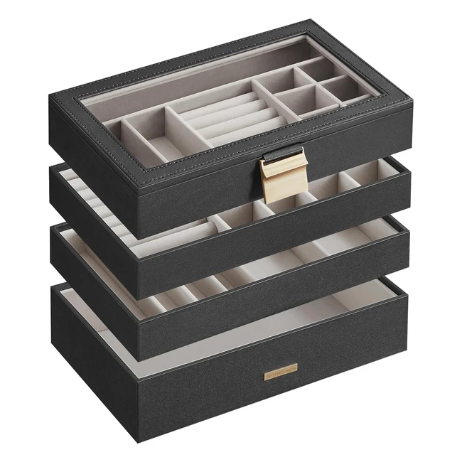 Songmics Stackable Jewellery Trays 4-Tier Box - Large, Clear Glass Lid - 17x28x183cm