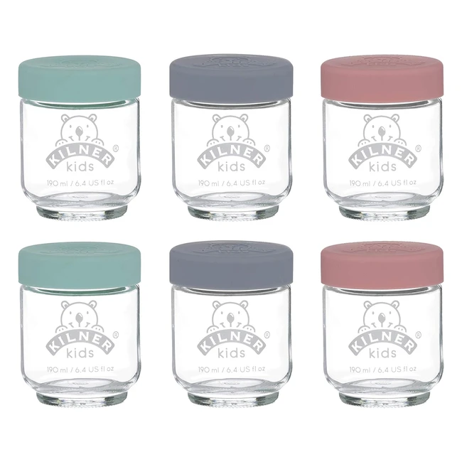 Kilner Kids Set of 6 Glass Jars - Grey/Purple - 190ml - Healthy Purees - BPA Free