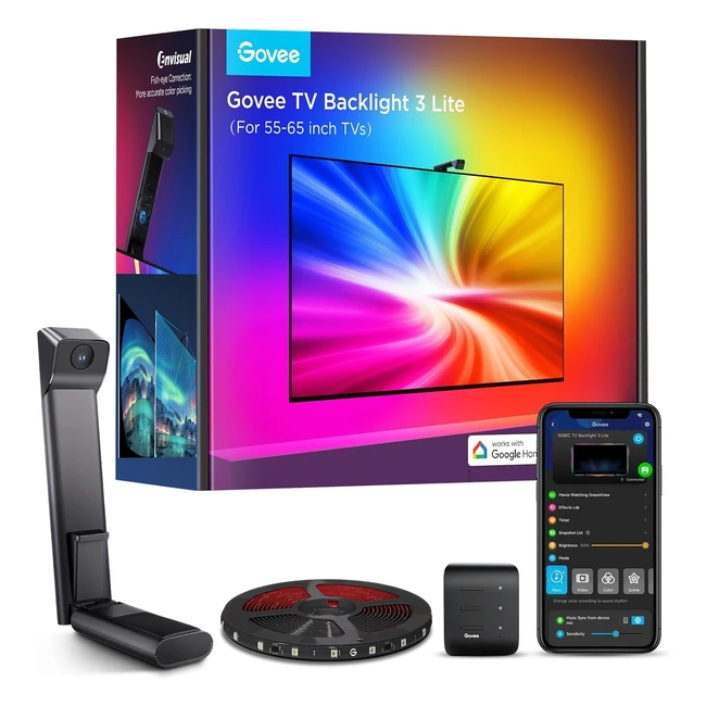 Govee TV Backlight 3 Lite - Fisheye-Korrekturfunktion - 36m RGBICW WiFi TV LED-Streifen mit Kamera - 4 Farben in 1 Lampe - Sprach- und App-Steuerung