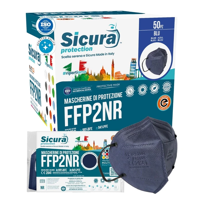 50 Mascherine FFP2 Blu con Elastici Neri - Certificazione CE - BFE 99 - Made in Italy