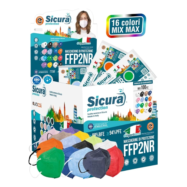 100 Mascherine FFP2 Certificate CE Colorate Mix 16 Colori - Sicura Protection BFE 99 - Made in Italy - Marcatura Effetto Pulito