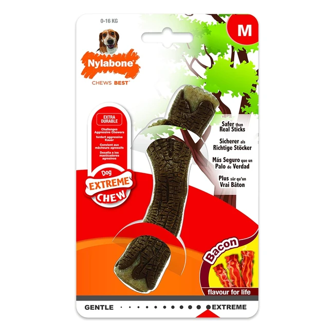 Nylabone Extreme Tough Dog Chew Toy - Durable Wooden Stick - Bacon Flavour - M - Up to 16kg