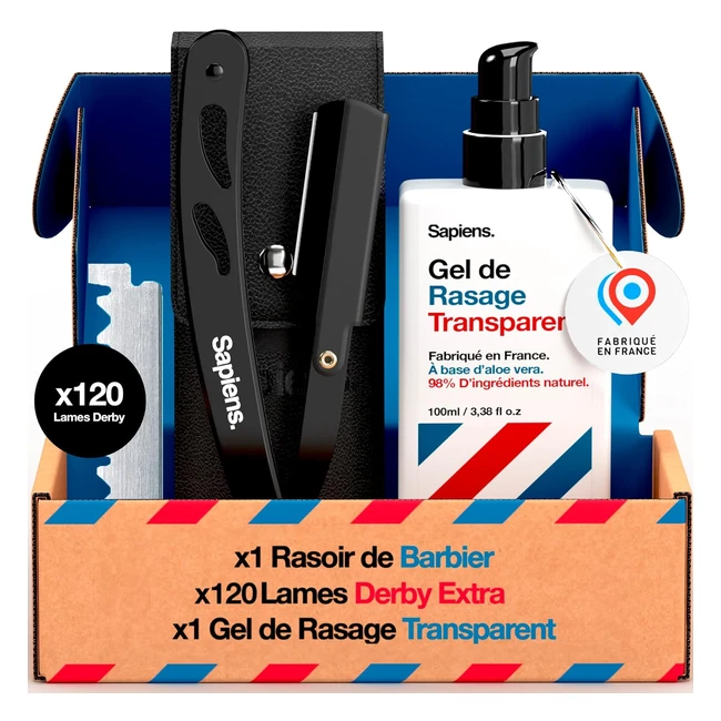 Kit de rasage homme Sapiens avec rasoir coupe choux, gel de rasage transparent et 100 lames Derby - Précision maximale
