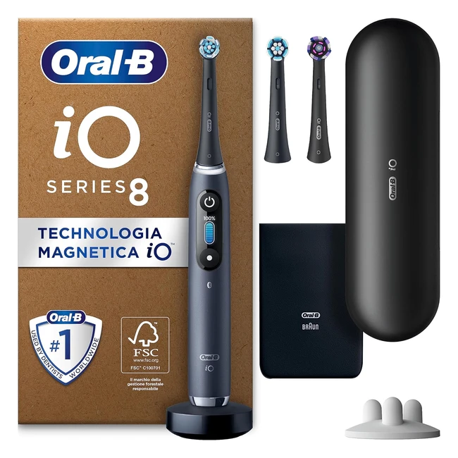 OralB Spazzolino Elettrico Ricaricabile IO 8N - Sensore di Pressione - Display Interattivo - Intelligenza Artificiale - 6 Modalità - 3 Testine - 1 Custodia da Viaggio - Nero - Idea Regalo