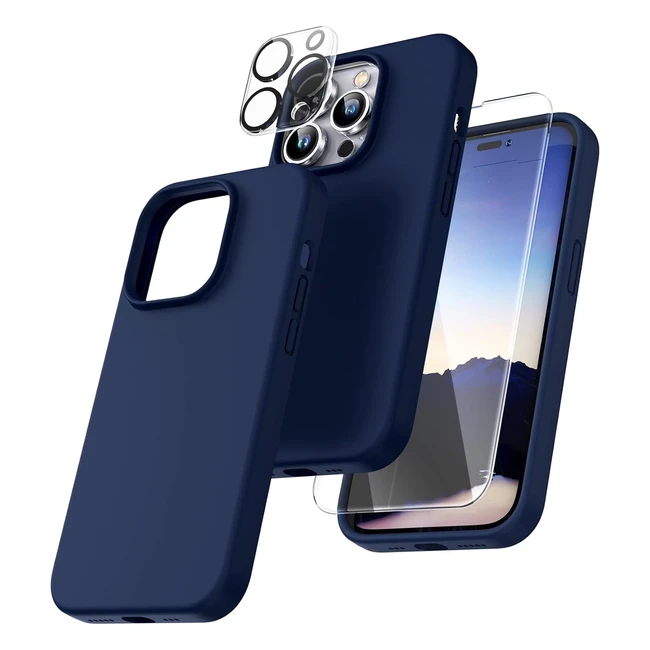 Coque Tocol 5en1 pour iPhone 14 Pro - Verre trempé, Protection caméra, Silicone liquide - Bleu