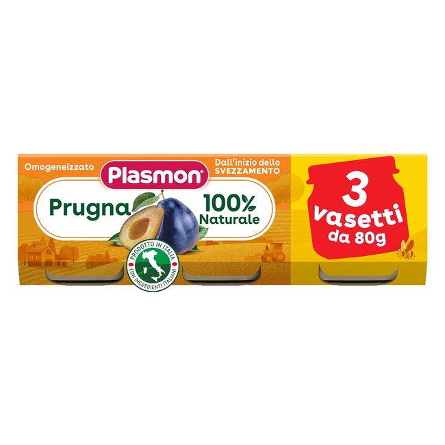 Plasmon Omogeneizzato Frutta Prugna 80g - 24 Vasetti - 100% Naturale con Vitamina C