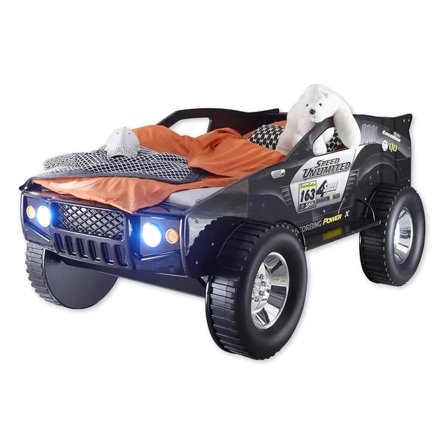 Jeep Autobett mit LED-Beleuchtung 90x200 cm - Aufregendes SUV Auto Kinderbett für kleine Rennfahrer