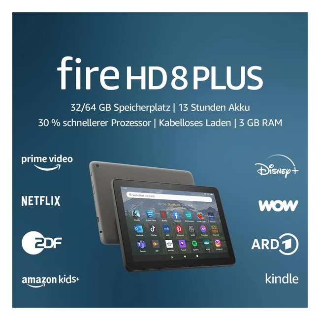 Fire HD 8 Plus Tablet 8 Zoll HD-Display 64 GB 30% schnellerer Prozessor 3 GB RAM kabelloses Laden 2022 Grau mit Werbung
