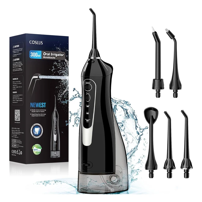 Coslus Water Dental Flosser - Cordless, Portable, Rechargeable - 5 Jet Tips - IPX7 Waterproof