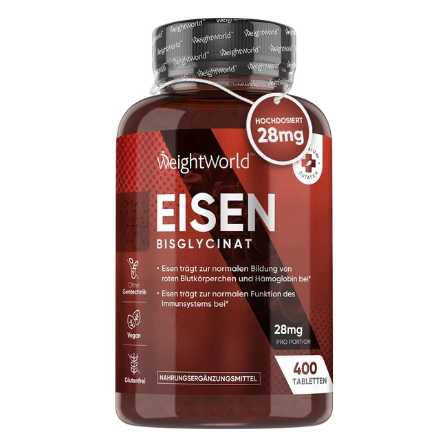 Eisen 28 mg von Eisenbisglycinat - 6 Monate Vorrat - 400 vegane kleine Eisen Tabletten - hohe Bioverfügbarkeit - Eisen Tabletten für Immunsystem Energie Stoffwechsel Blutbildung EFSA WeightWorld