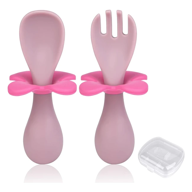 Vicloon Baby Fork and Spoon Set - BPA-Free Silicone - Self-Feeding Toddler Cutlery - Pink Flowers