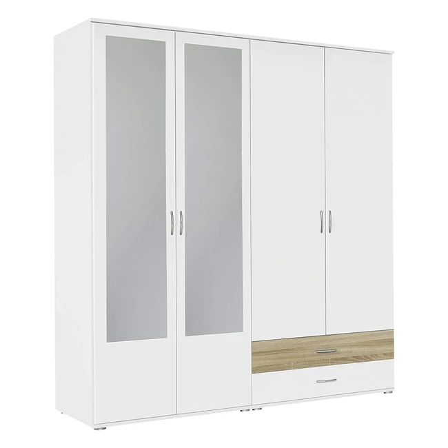 Rauch Möbel Noosa Schrank 4-türig mit Spiegel und Schubladen, weiß/eiche Sonoma, inkl. Zubehörpaket Basic