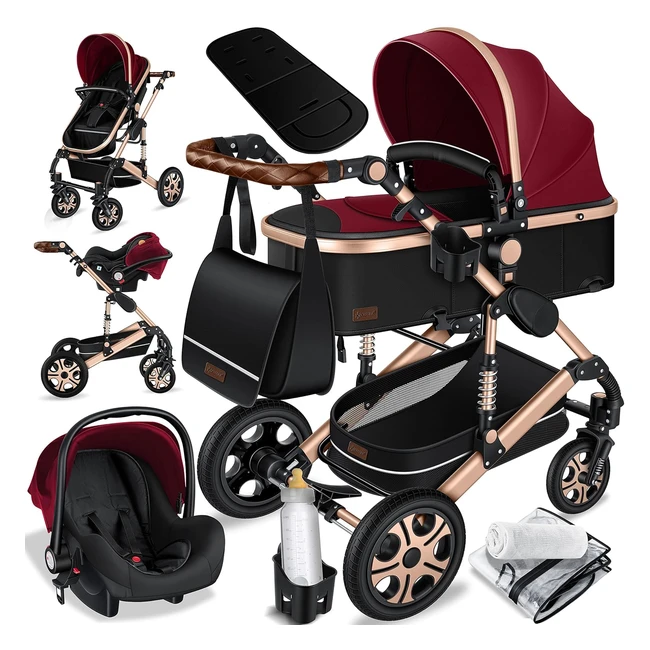 Kesser Loops 3in1 Kombikinderwagen Set inkl. Babywanne, Buggy, Sportwagenaufsatz & Autositz - Vollgummireifen - Wickeltasche - Kinder Tisch Set Rot Champagner