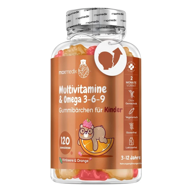 maxmedix Multivitamin Gummibärchen für Kinder mit Omega 3 6 9 Jod Zink 120 Vitamin Gummies Vitamin C D3 B Vegetarisch