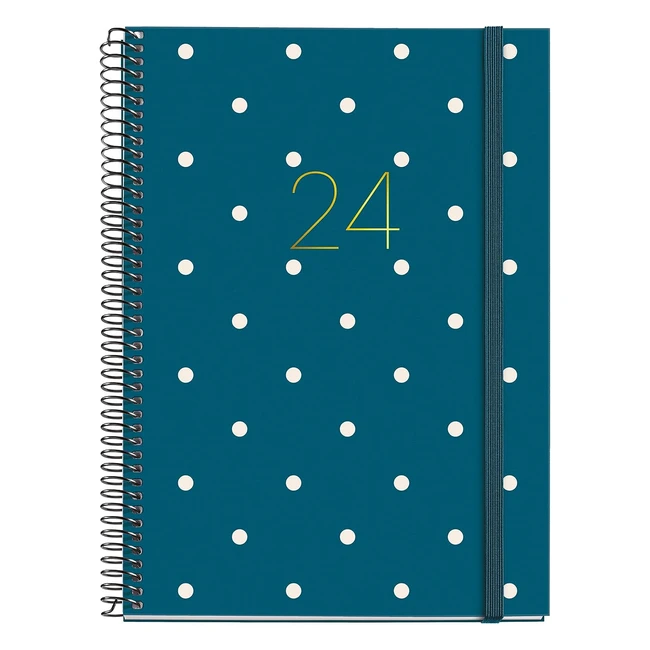 Agenda Anual 2024 Miquelrius Semana Vista Plus 155x213mm A5 Cubierta Rígida Espiral Cierre Goma Lunares Stamping Oro