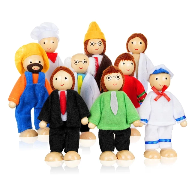 Conjunto de Muecas de Madera para Nios - Casa de Muecas - Set de 9 Personajes