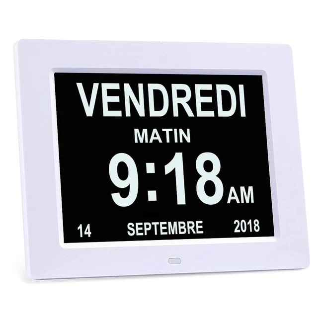 Horloge Numérique Calendrier LCD 8 pouces Alzheimer Blanc - Jour Semaine Mois - Mode Jour/Nuit - Affichage Haute Qualité