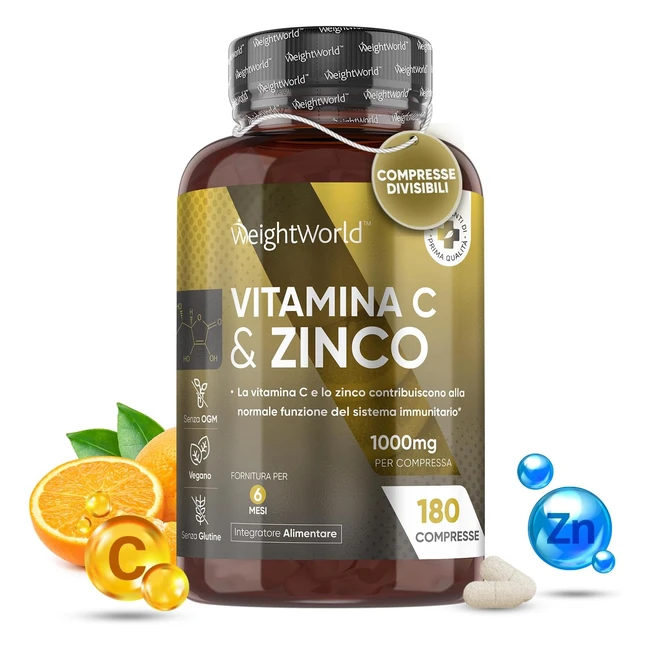 Vitamina C 1000mg Pura + Zinco Bisglicinato 10mg - 180 Compresse Vegan
