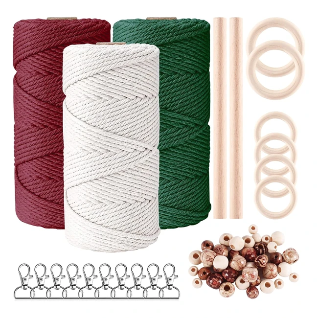 Qetlavee 3pcs Corde Macrammacrame 4ply Naturel Coton 2 Btons Bois 6 Anneaux Bois 40 Perles Bois 10 Portecls