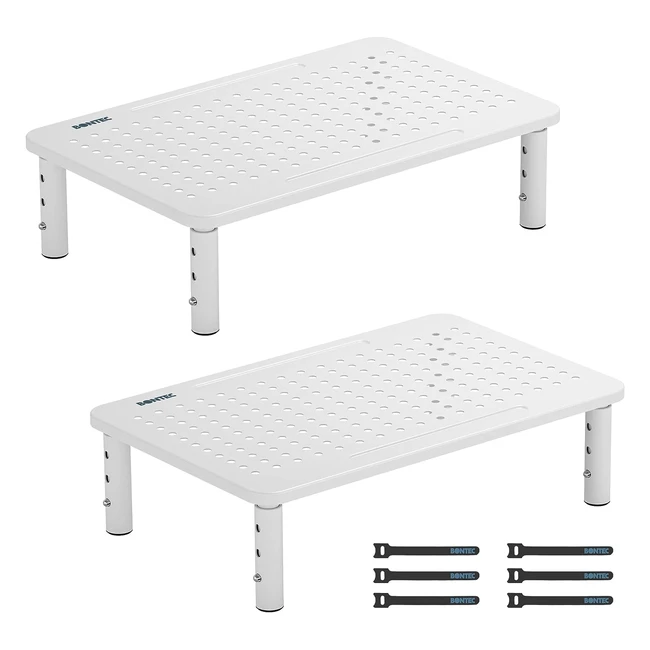 Bontec Metal Monitor Stand - Ergonomic Height Adjustable Riser - Up to 20kg - 2 Pack White