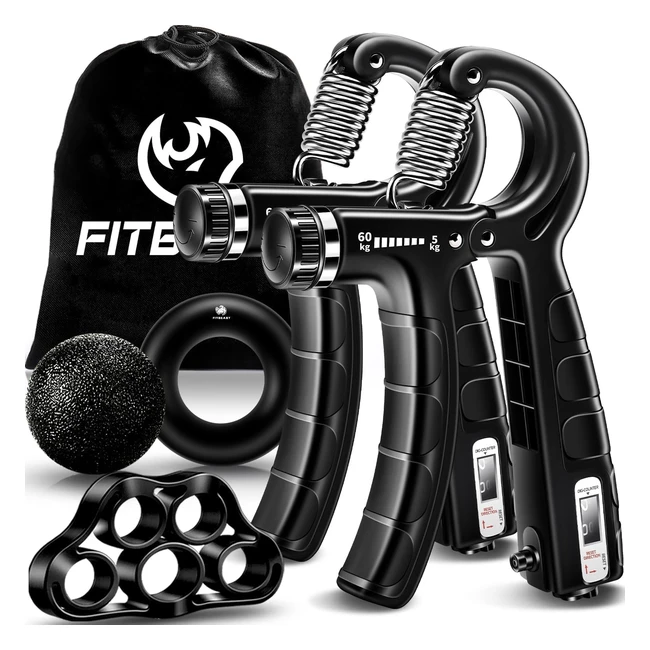 FitBeast Hand Grip Strengthener 5 Pack - Adjustable Resistance Gripper, Finger Stretcher, Grip Ring - Stress Relief Ball