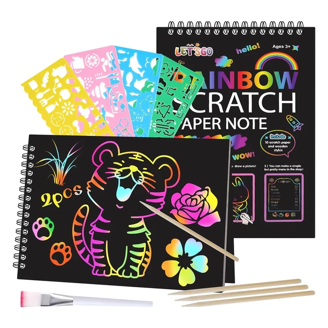 Magic Rainbow Scratch Art for Kids - Offcup 2 Rainbow Paper Books with 4 Pens & 4 Painting Patterns - Ages 4-12