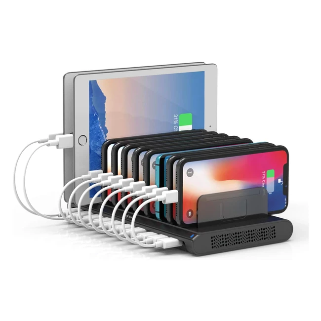 ALXUM 10 Port USB Charging Station 60W - Fast Charger Stand for Mobile Phone Tablet - Black