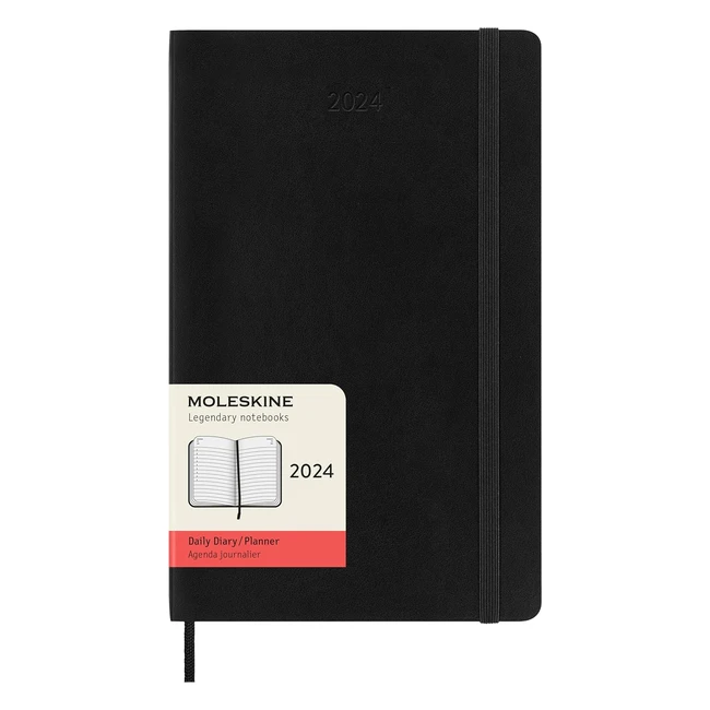 Moleskine Daily Agenda 2024 Large 13x21 - Black Soft Cover, Elastic Closure