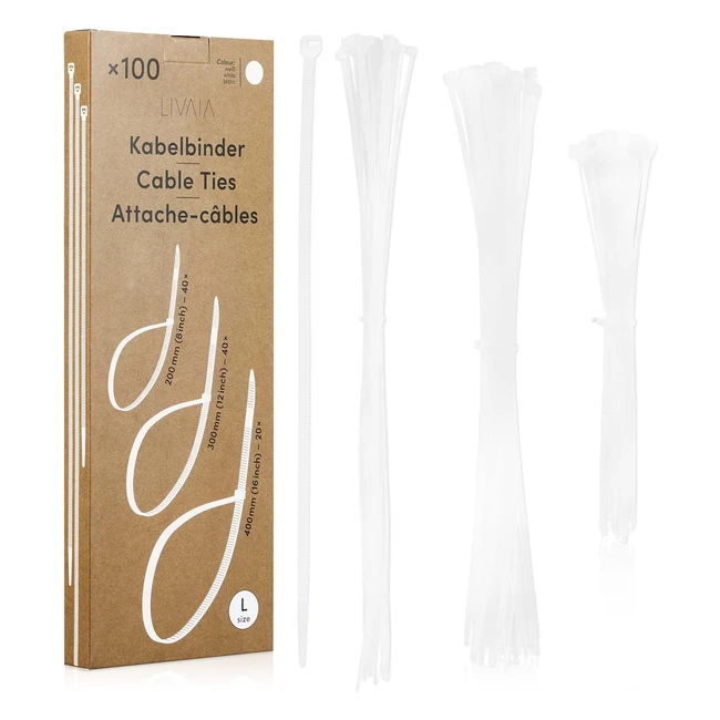 Kabelbinder Set weiß 100 Kabelbinder lang in 3 Größen kleine Kabelbinder Kabelmanagement Kabelbinder 300 mm 200 mm 400 mm Livaia Kabelbinder