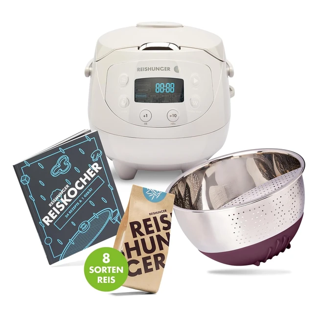 Reishunger Digitaler Reiskocher klein grau 06 l für 3 Personen 11teiliges Starter-Set inklusive Reiswaschschüssel Kochbuch und 8 Reissorten