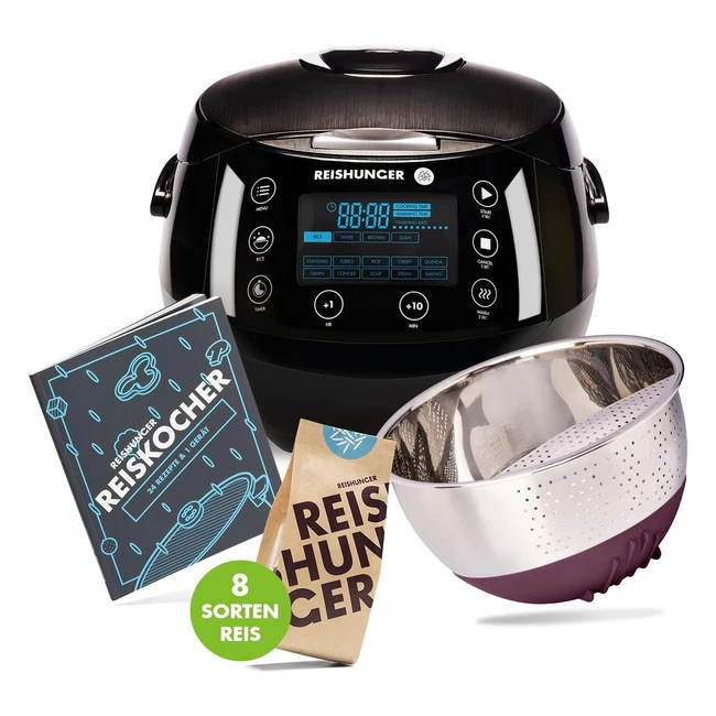Reishunger Starter Set Digitaler Reiskocher Dampfgarer Schwarz + Kochbuch Reiswaschschüssel und 8 Sorten Reis 8 x 200 g