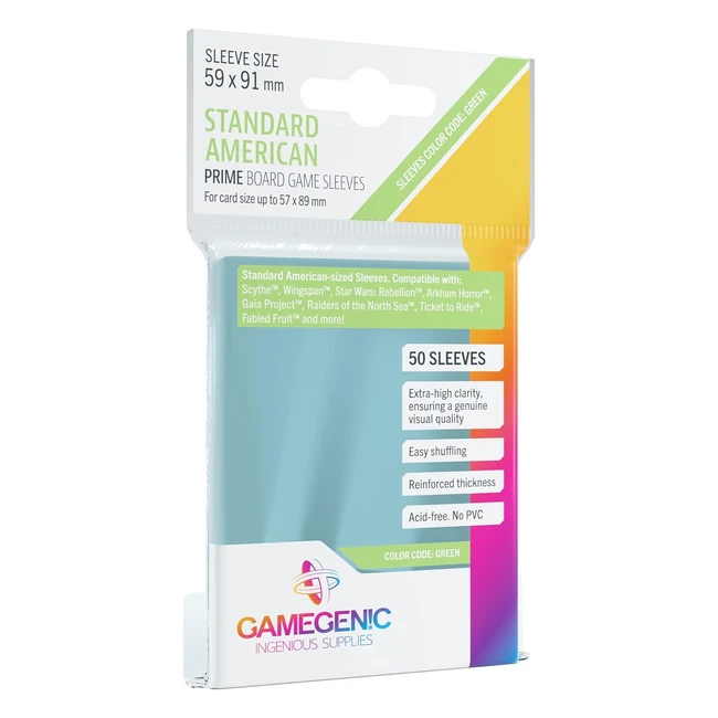 Protège-cartes Gamegenic 50 pack 59 x 91 mm vert standard américain prime - Résistant aux pliures et aux rayures
