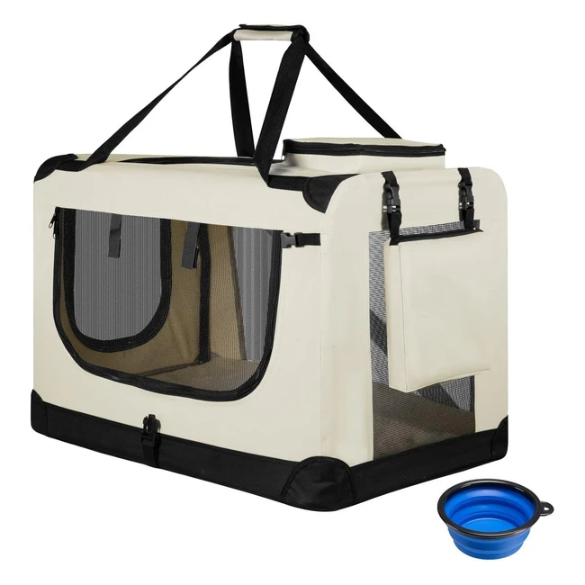 Juskys Lassie Hundetransportbox faltbar tragbar 42 x 60 x 44 cm mit Deckentasche und Griffen für Hunde Katzen und andere Haustiere Oxford-Gewebe Hundetransporttasche M Beige