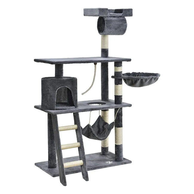 Juskys Chiara Kratzbaum mit Höhle, Liegeflächen, Hängematte, Sisalstämmen, 141 cm hoch, Katzenkratzbaum hellgrau