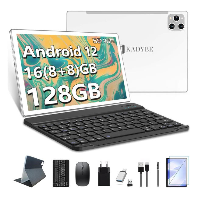 Kadbye 2024 Nuovo Tablet 10 Pollici Android 12 con Tastiera 16GB RAM 128GB ROM TF 1TB 24GHz 5G WiFi Octacore Mouse Penna 5MP 13MP HD Camera GPS GMS 7000mAh Silver