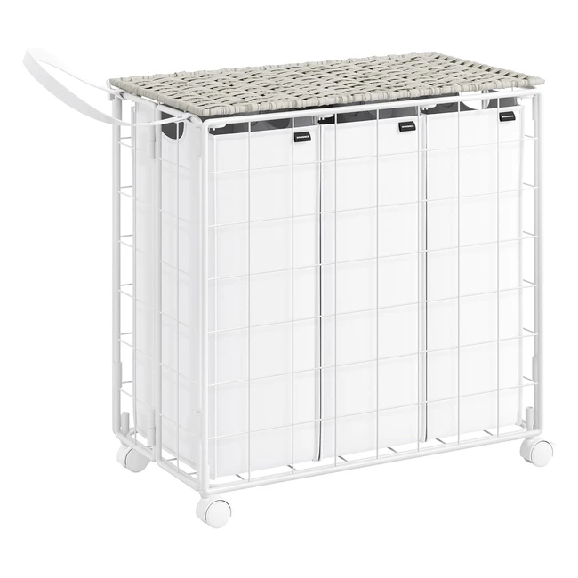 Songmics Wäschekorb 3 Fächer 130 l faltbarer Wäschekorb mit Rädern Wäschekorb mit Deckel Wäschetasche abnehmbar 66 x 33 x 65 cm Cloud White LCB313W01