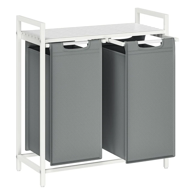 VASAGLE Wäschekorb 2 Fächer Wäschekorb mit Regal Wäschekorb Oxford-Gewebe Wäschesack ausziehbarer abnehmbarer Metallrahmen 2 x 46 l 73 x 33 x 72 cm Weiß/Hellgrau BLH201W11