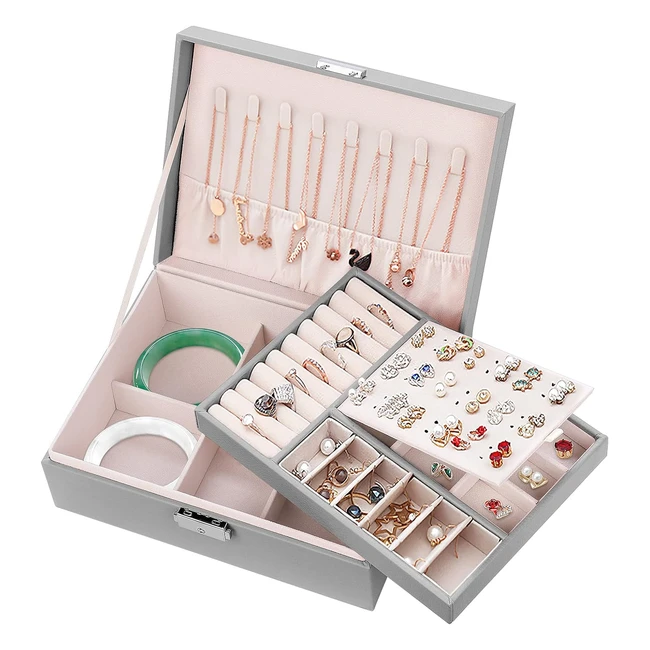 Portagioie da donna Mamowla - Scatola porta gioielli a 2 strati - Grande custodia in pelle PU - Grigio