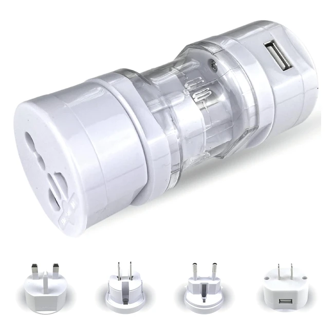 Adaptador Enchufe Universal de Viaje con USB 1 Puerto Europa USA Reino Unido Asia Australia Amrica Cargador UBS Internacional Blanco
