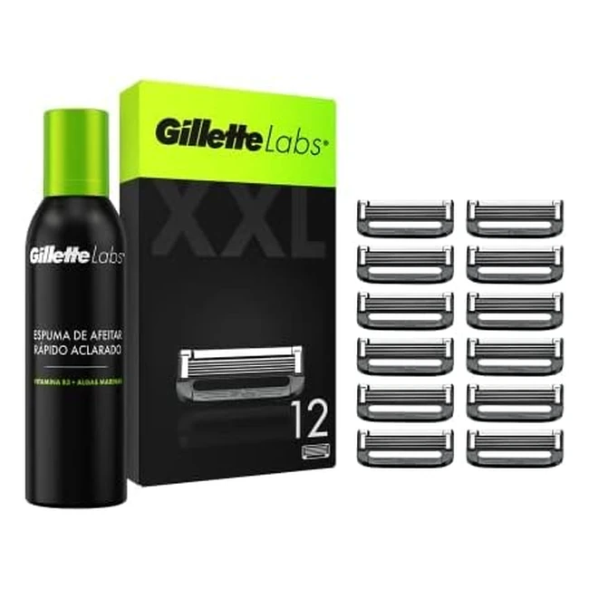 Gillette Labs Cuchillas de Afeitar 12 Recambios - Compatible con GilletteLabs Heated - Espuma de Afeitar Hombre