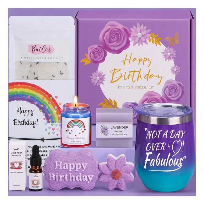Happy Birthday Pamper Gift Set for Her | Lavender Spa Day at Home | Handmade Natural Vegan Products | Insulated Wine Tumbler | Essential Oil Candle Soap Bath Salts Bomb Steamer Bracelet | #BirthdayGift #PamperGift #SpaDay