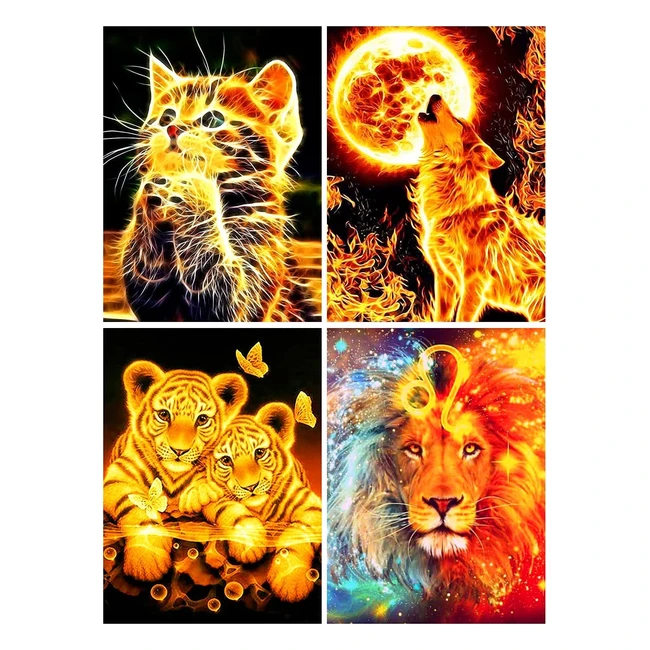 Kit Pintura Diamante 5D Gato Lobo Tigre - Qhui - Ref. 4 Piezas - Adultos y Niños