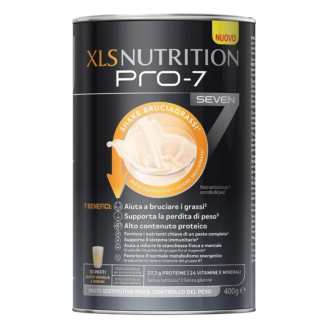 XLS Nutrition Pro7 - Pasto Sostitutivo per Controllo del Peso - Shake Bruciagrassi 7 Benefici - 10 Pasti - Vaniglia e Agrumi 400g