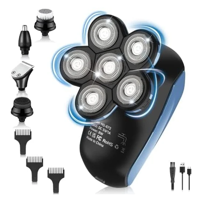 Rasoio Elettrico Barba Testa Calva Tagliacapelli Uomo 6 in 1 6D Testine Rotanti Wet Dry USB Ricaricabile
