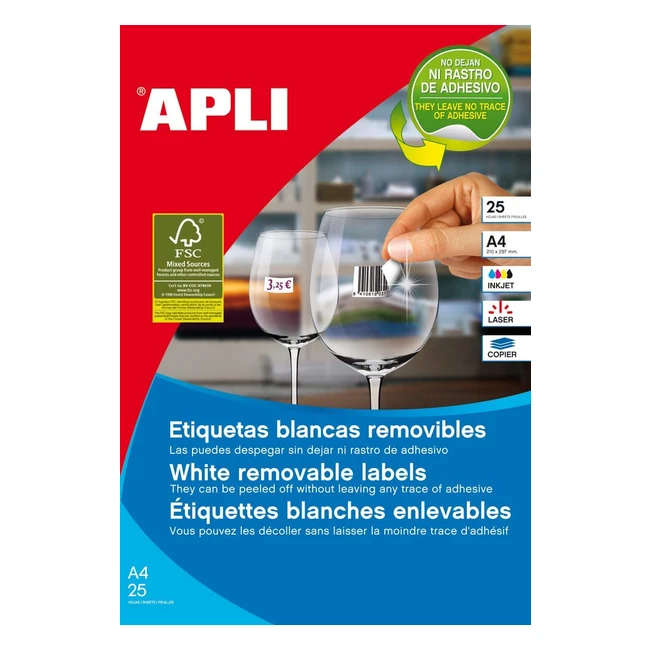 Etiquetas Blancas Removibles APLI 10199 - 356 x 169 mm - 25 Hojas A4