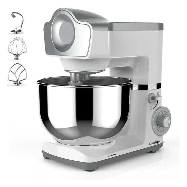 elestyle Stand Mixer 6L 1500W 6 Speeds with Pulse - Kitchen Electric Mixer - Stainless Steel Bowl - Dough Hook Whisk Beater - Low Noise White