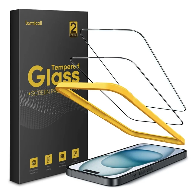Lamicall iPhone 15 Screen Protector 9H Tempered Glass Film - 2 Pack
